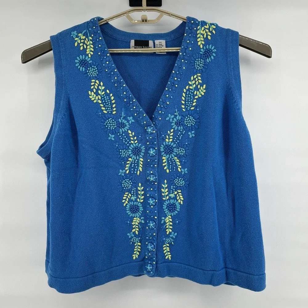 Maggie Barnes Women's Plus 3X Sweater Vest Blue Floral Embroidered Grandma Core